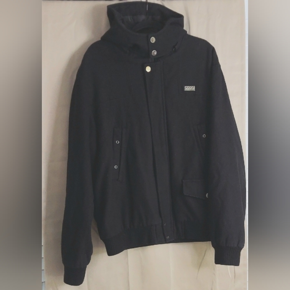 COOGI Black Wool Jacket, Size XL, Hooded, Insulated, Full Zipper & Silver Snaps